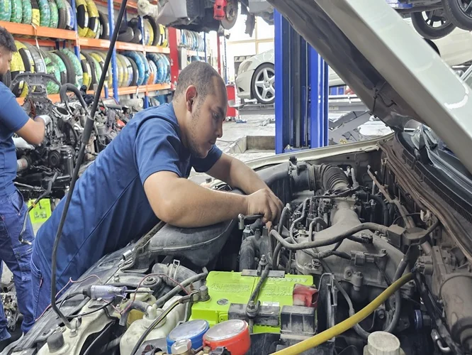 Mechanics working on an engine bay